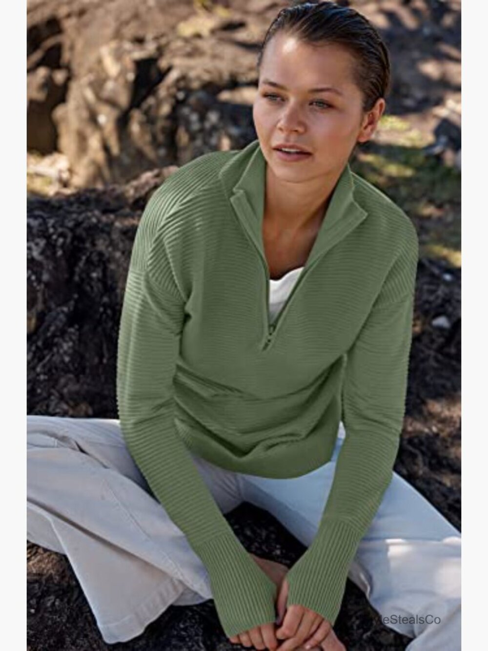 Long Sleeve Quarter Zip Pullover Sweater Casual V Neck Ribbed Knit Thumb Hole - Picture 6 of 7